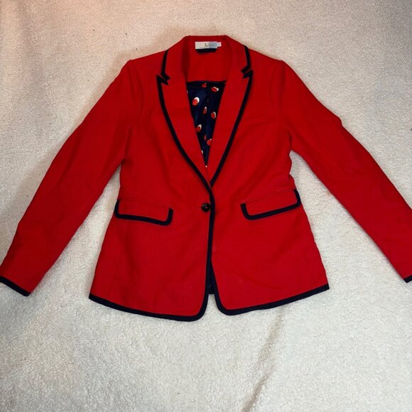 Boden Womens Red Blazer Jacket With Navy Trim Single Button Size 8R - Picture 1 of 16
